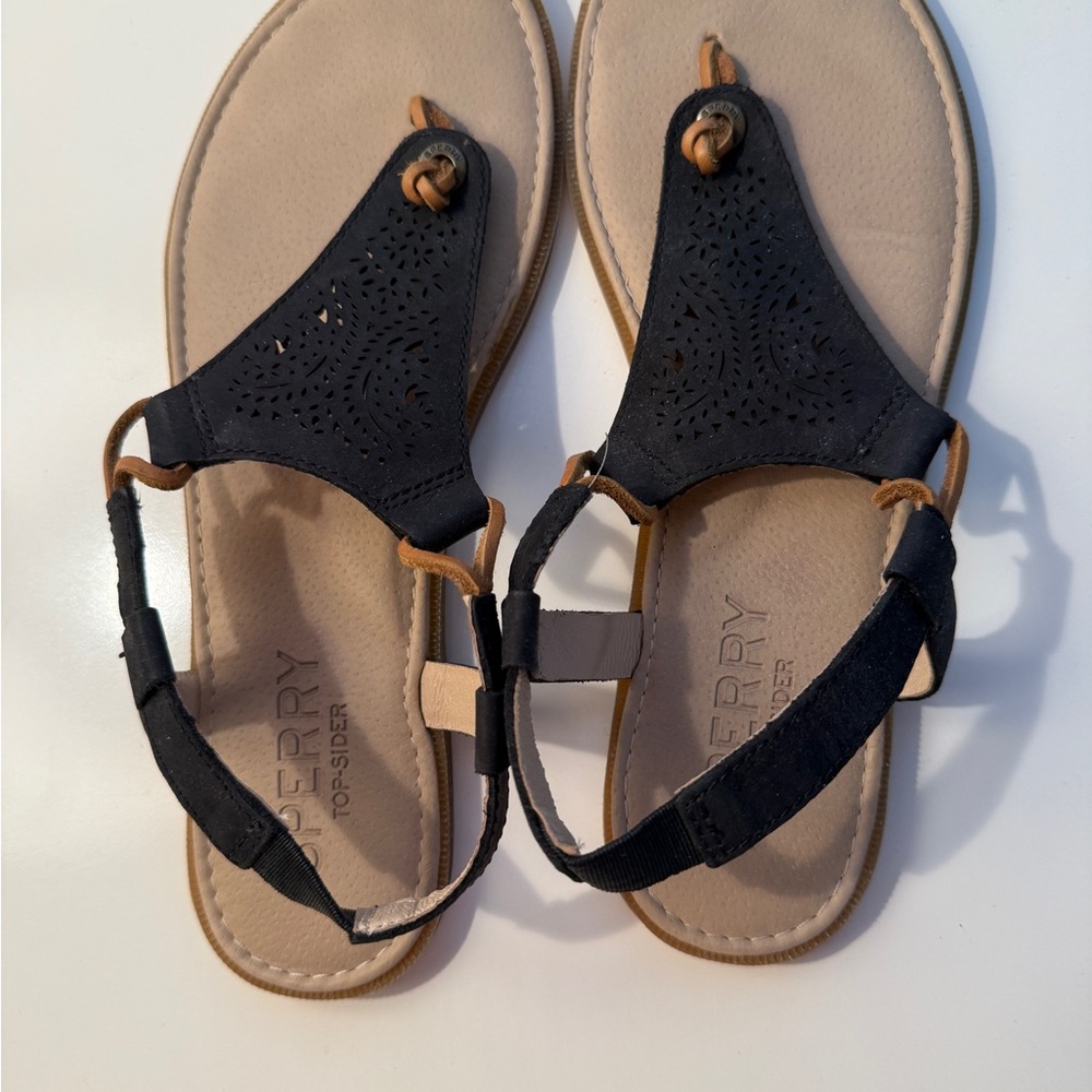 Sperry Black Laser-Cut T-Strap Sandals with Tan Accents